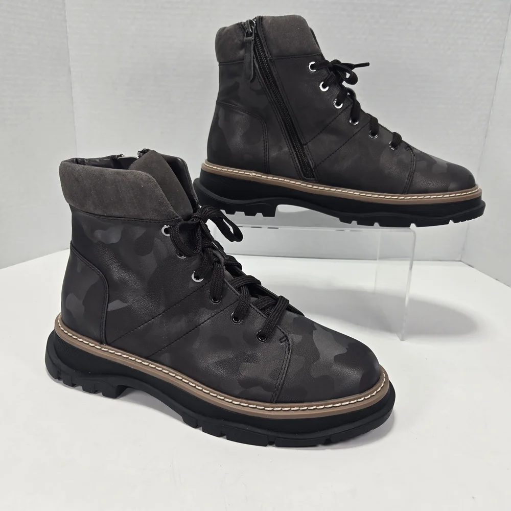 Linea Paolo Women's Boca Dark Brown Camo Combat Leather Ankle Boots Size 8.5